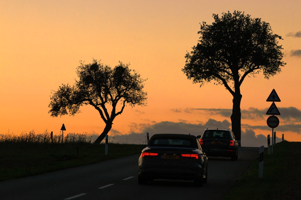 Two cars on a lonely road in the evening. The sun is setting, the sky is of orange yellow colors. Two large trees stand in front of the sky, their color is black against the horizon, only their silhouettes are visible.